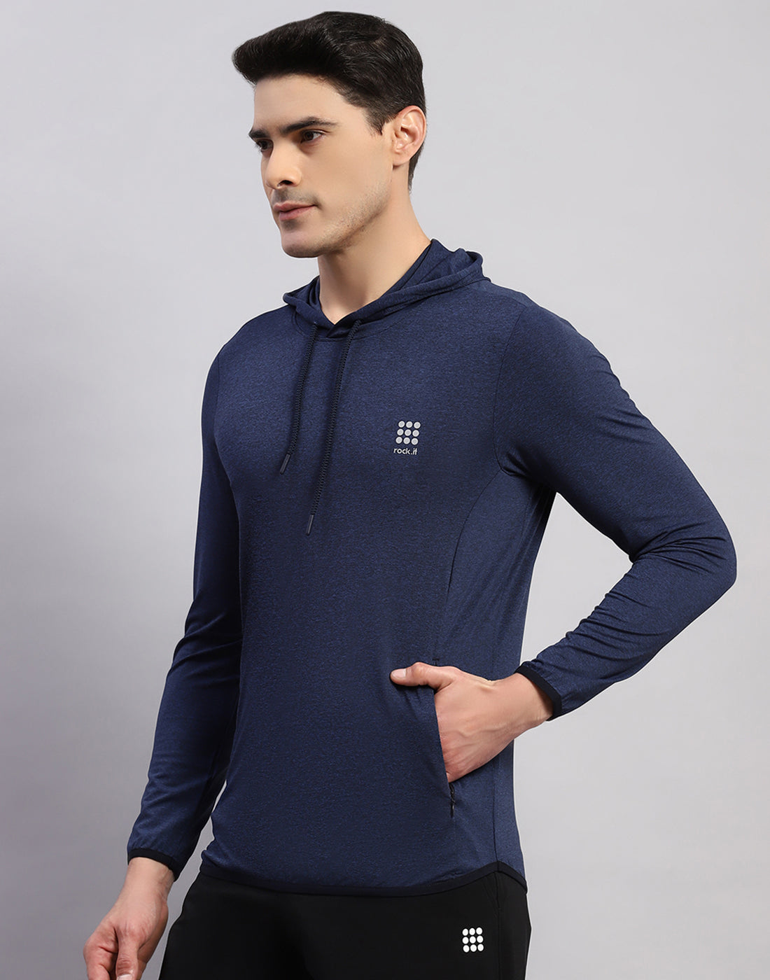 Rock.it Men Navy Blue Solid Hooded Full Sleeve T-Shirt