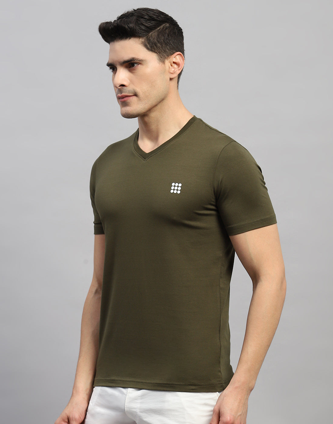 Rock.it Men Olive Solid V Neck Half Sleeve T-Shirt