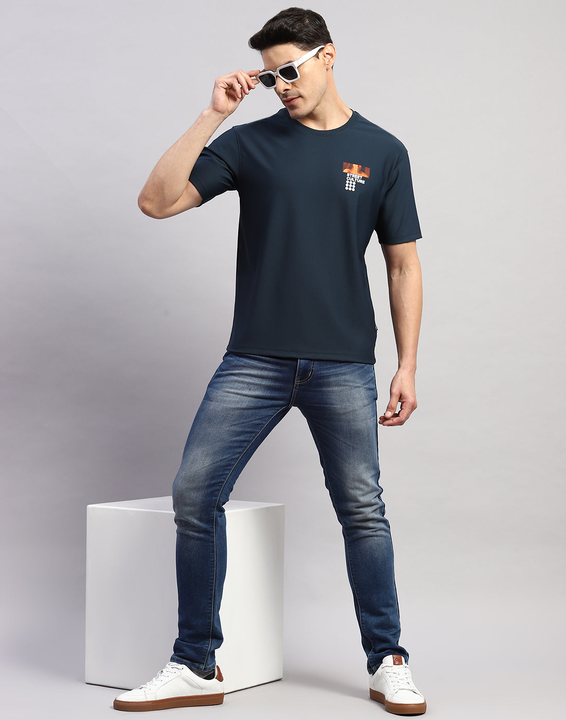 Rock.it Men Navy Blue Printed Round Neck Half Sleeve T-Shirt