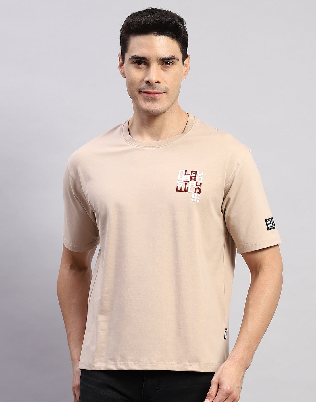 Men Beige Printed Round Neck Half Sleeve T-Shirt