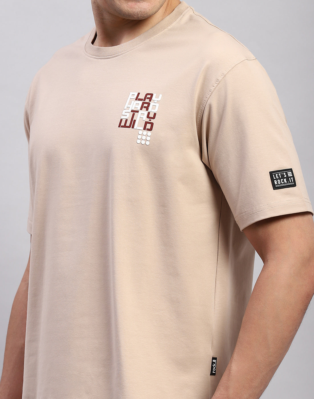 Rock.it Men Beige Printed Round Neck Half Sleeve T-Shirt