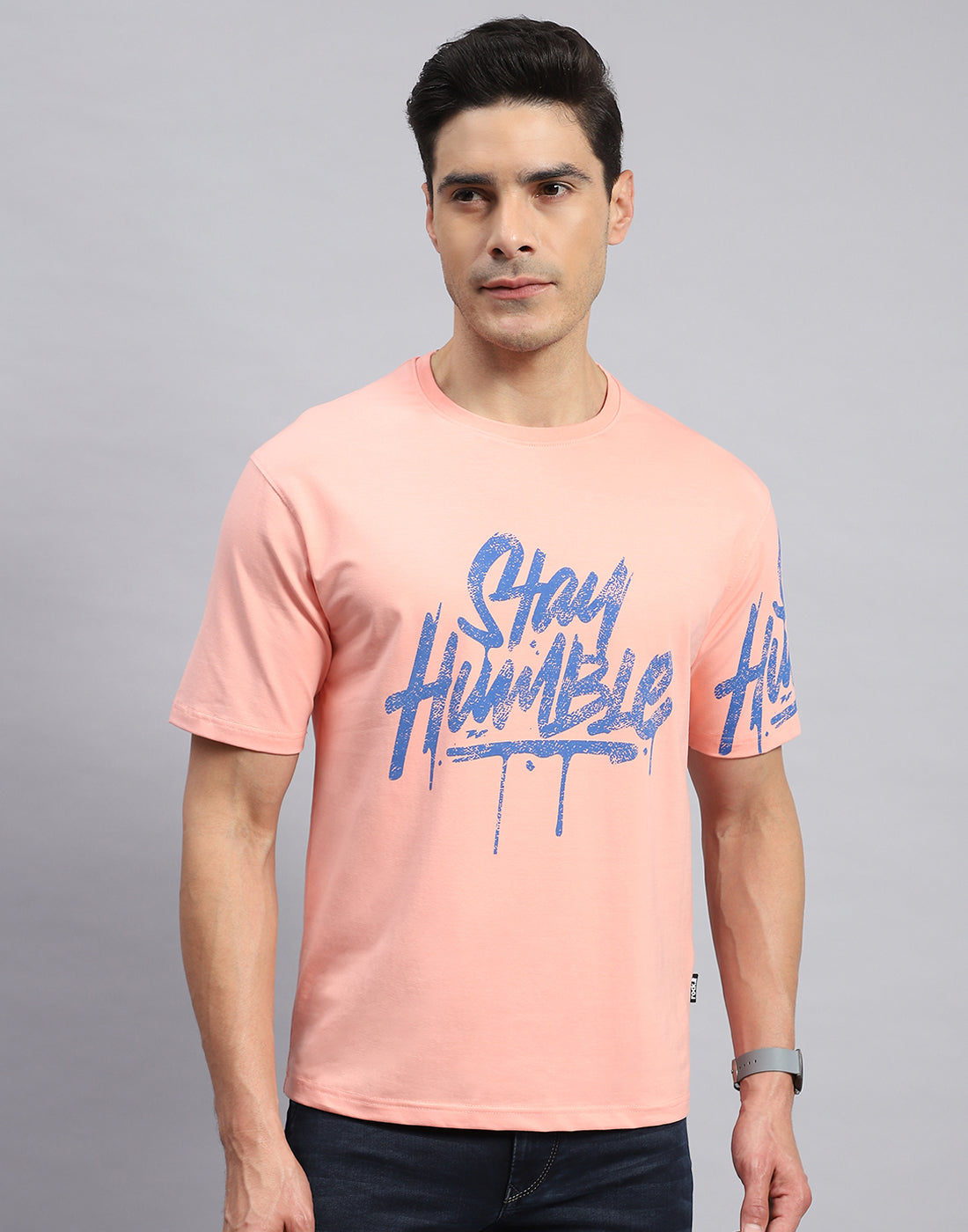 Rock.it Men Peach Printed Round Neck Half Sleeve T-Shirt
