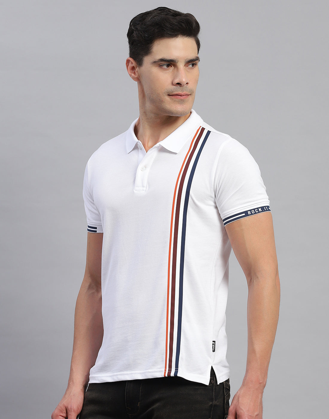Rock.it Men White Stripe Collar Half Sleeve T-Shirt