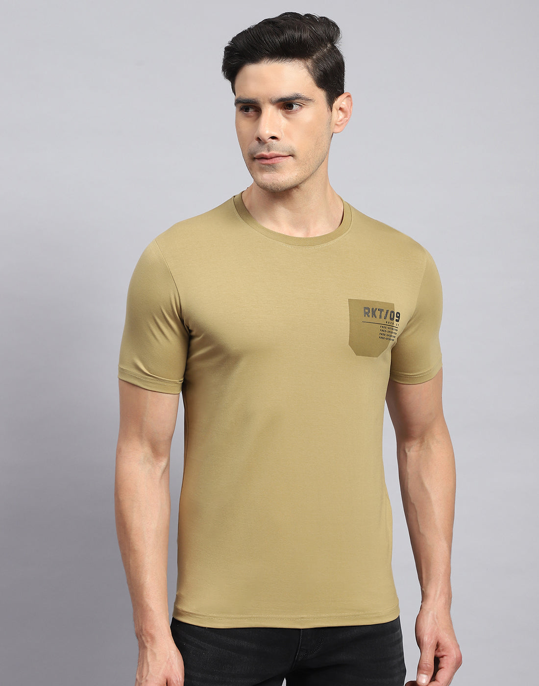 Rock.it Men Khaki Printed Round Neck Half Sleeve T-Shirt