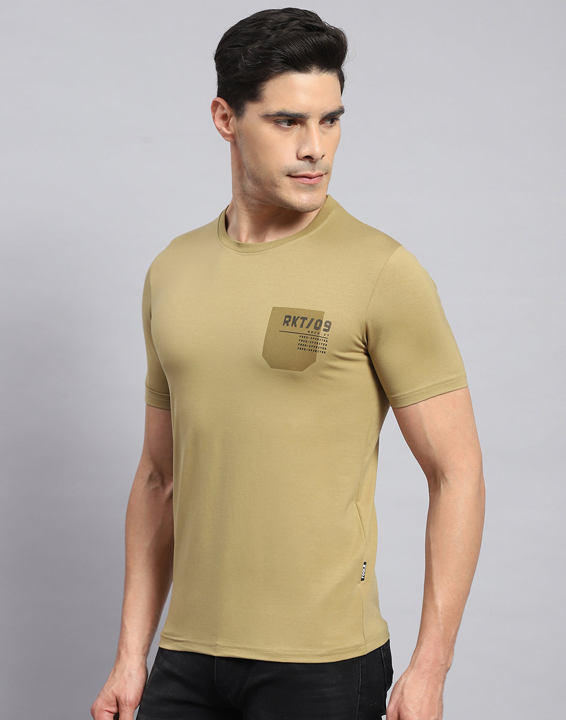 Rock.it Men Khaki Printed Round Neck Half Sleeve T-Shirt