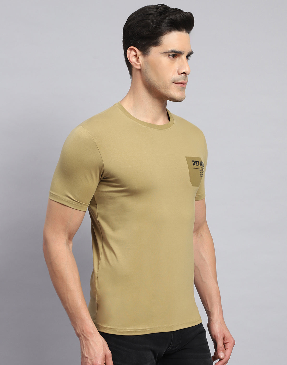 Rock.it Men Khaki Printed Round Neck Half Sleeve T-Shirt