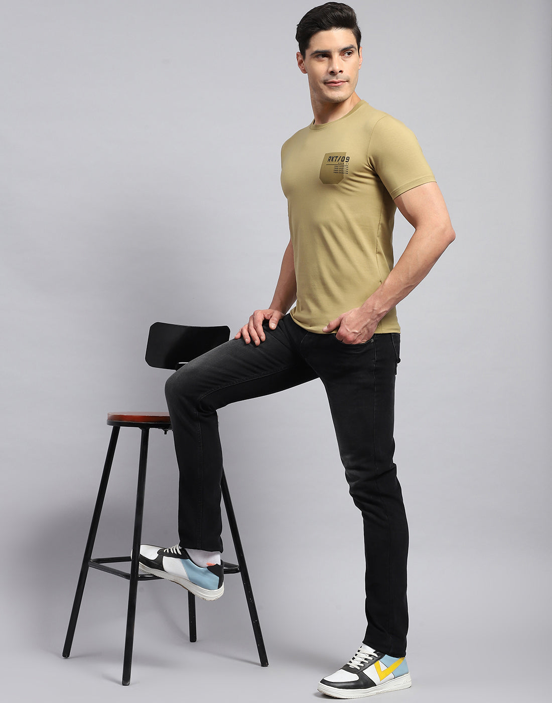 Rock.it Men Khaki Printed Round Neck Half Sleeve T-Shirt