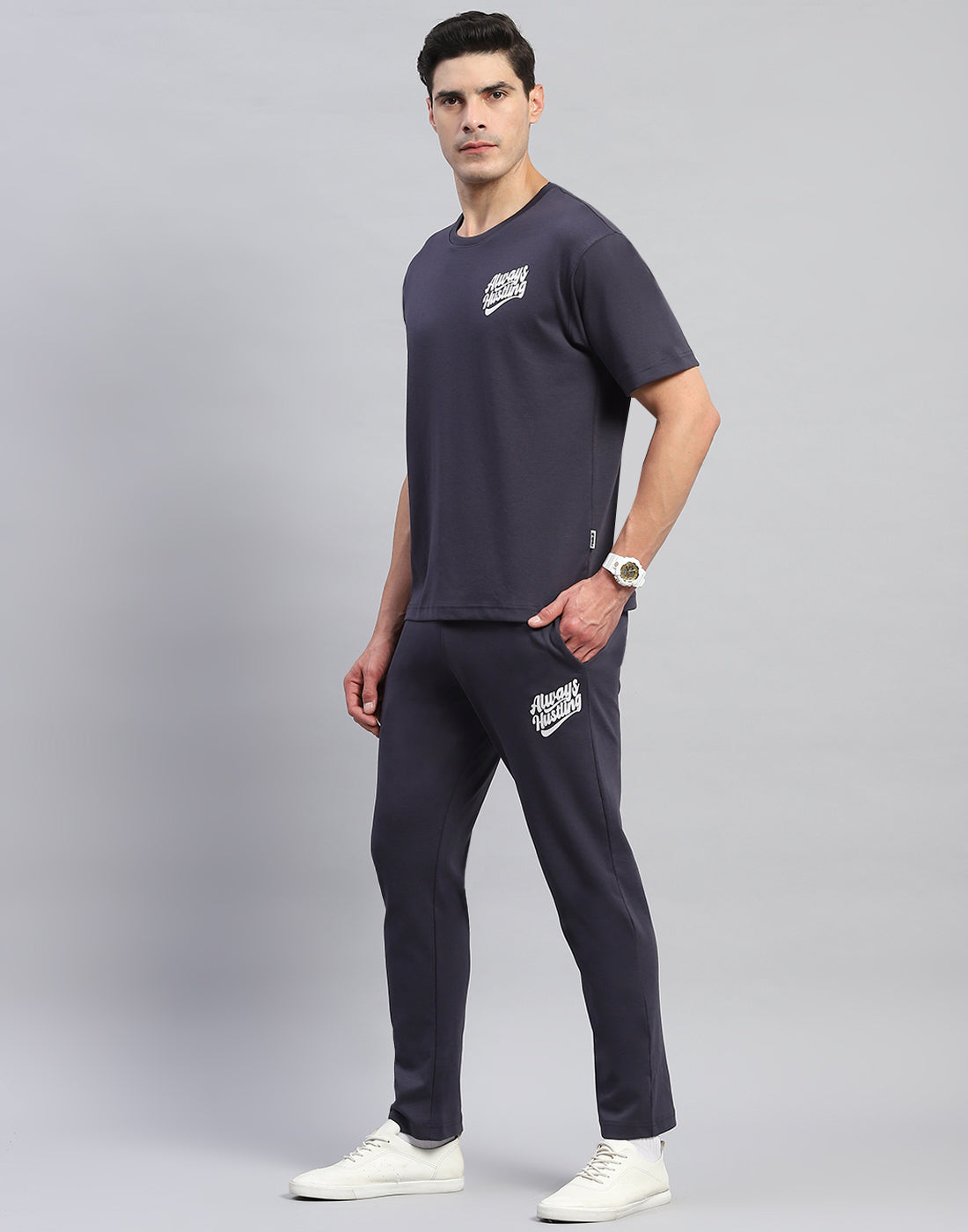 Rock.it Men Grey Solid Round Neck Half Sleeve Lower Set