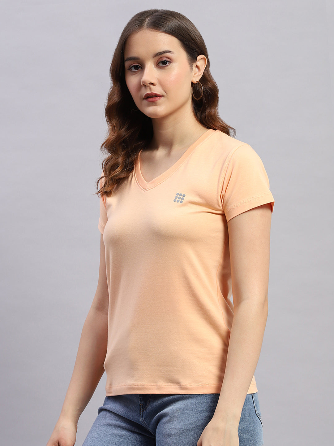 Rock.it Women Peach Solid V Neck Half Sleeve Top