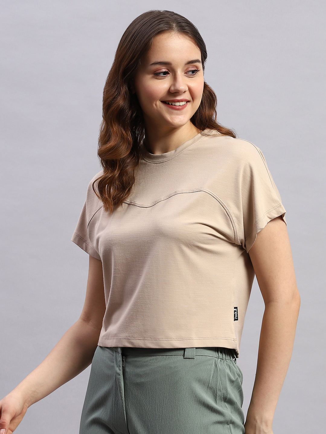 Rock.it Women Beige Solid Round Neck Half Sleeve Top