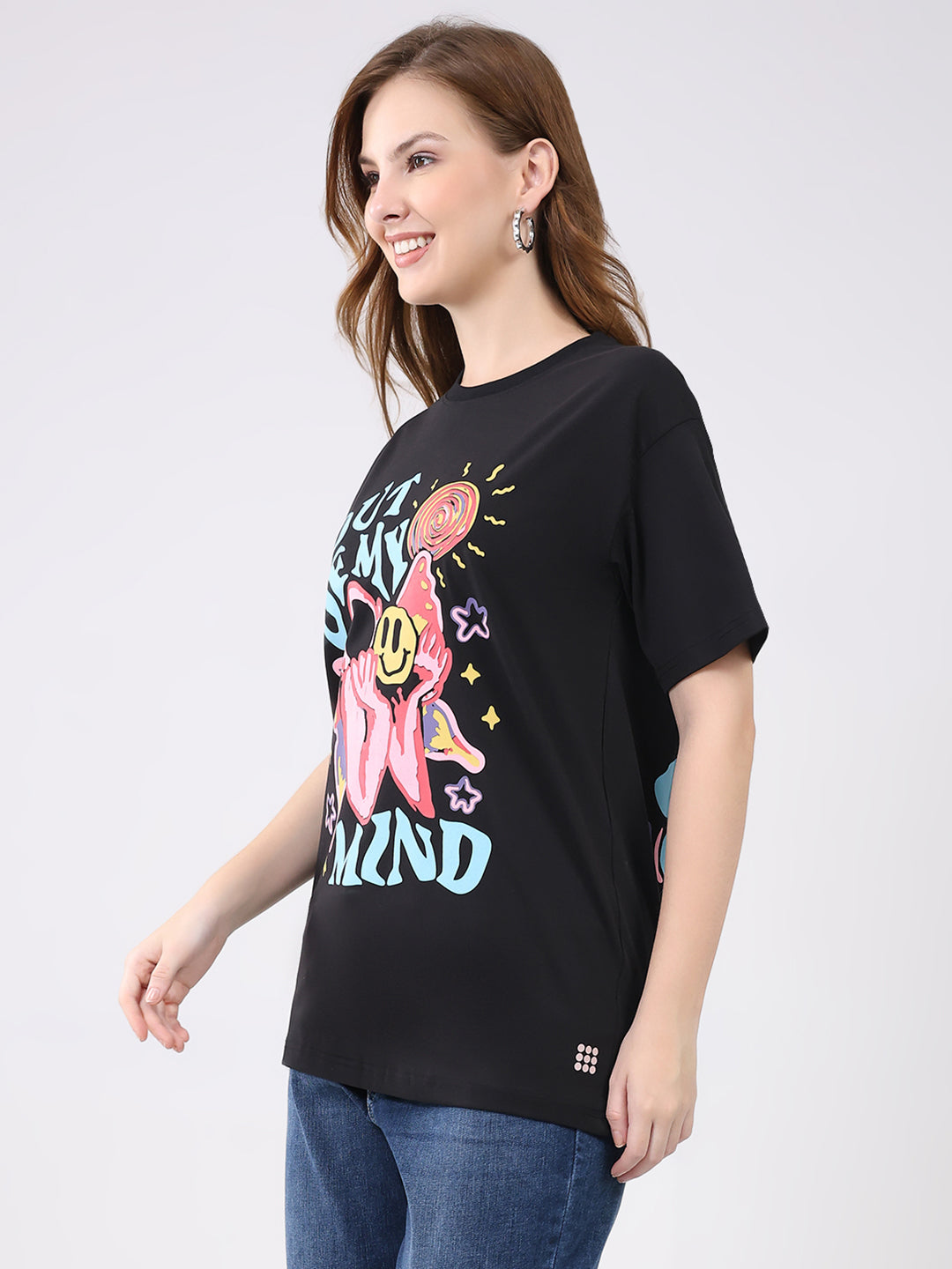 Rock.it Women Black Printed Round Neck Half Sleeve Top