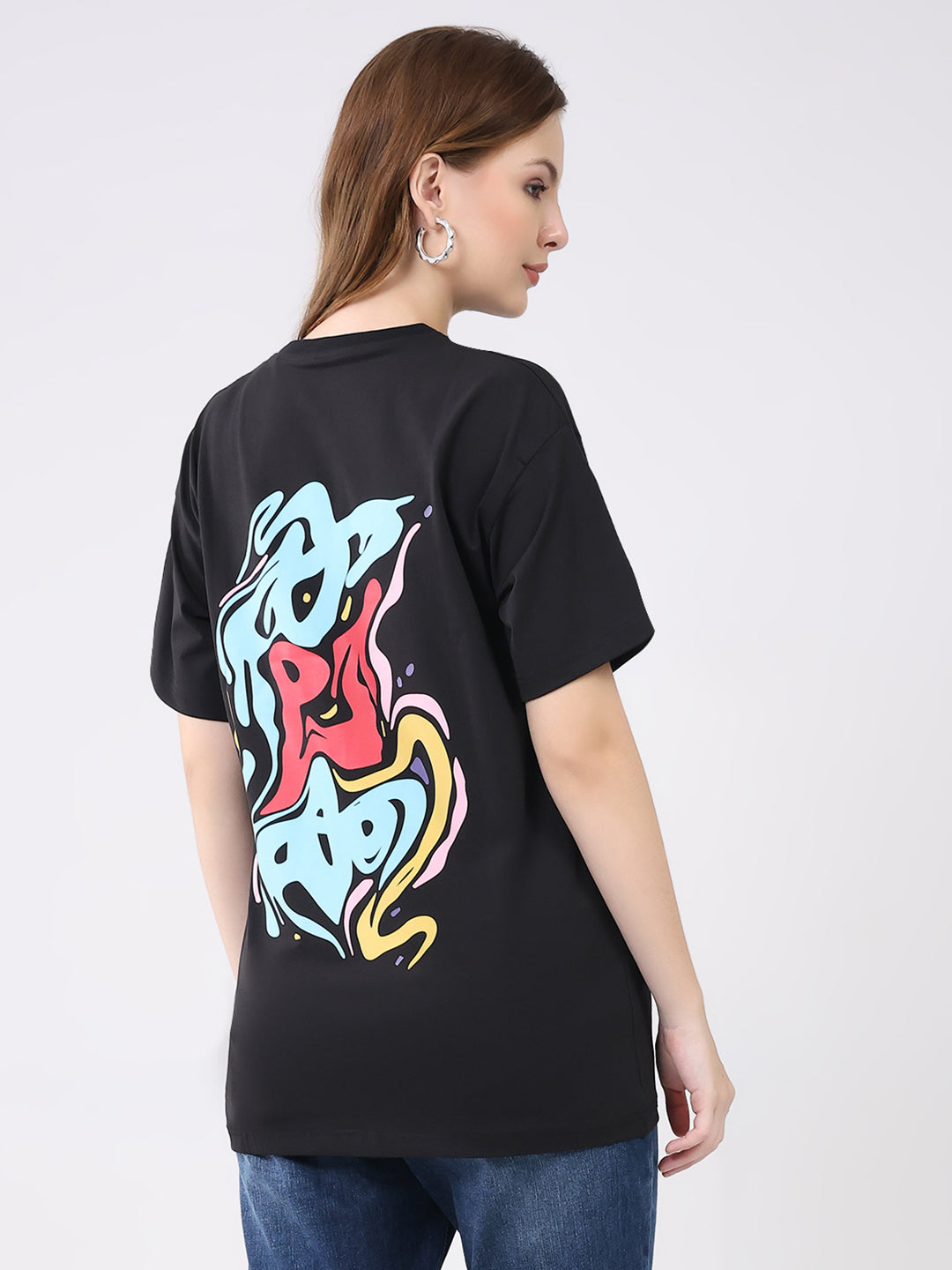 Rock.it Women Black Printed Round Neck Half Sleeve Top