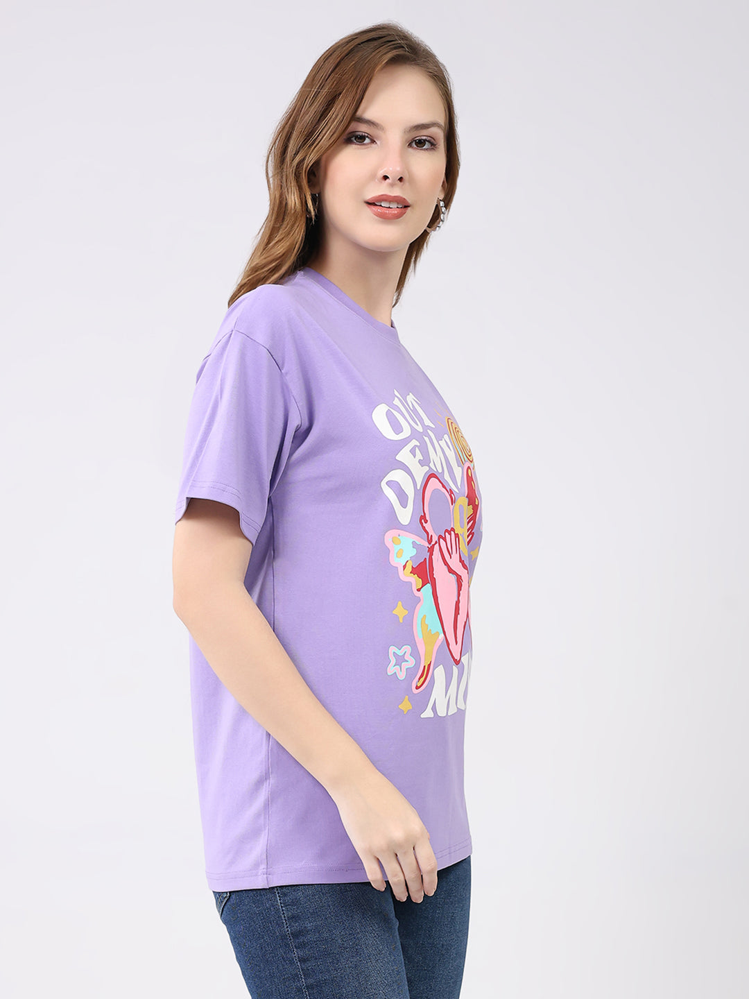 Rock.it Women Purple Printed Round Neck Half Sleeve Top