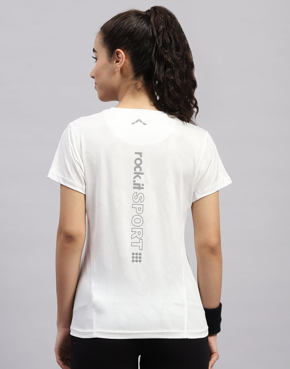 Rock.it Women White Self Design Round Neck Half Sleeve Top