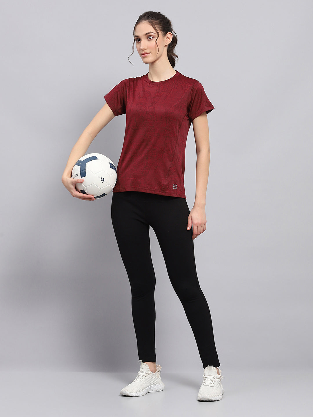 Rock.it Women Maroon Printed Round Neck Half Sleeve Top