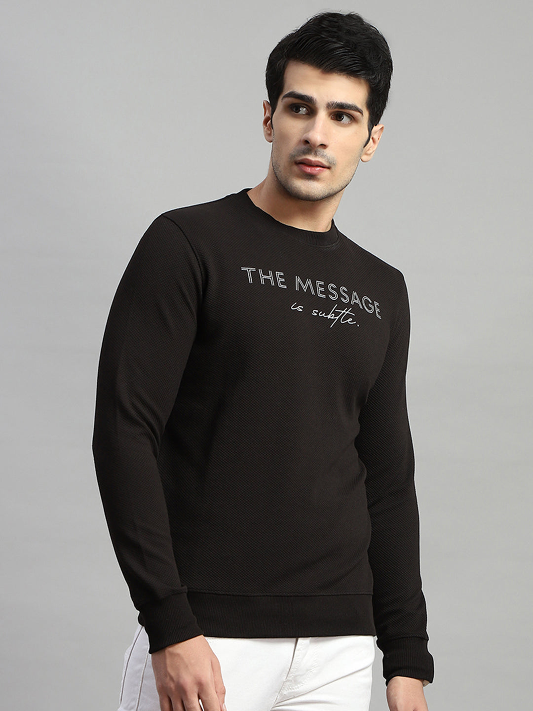 Rock.it Men Black Self Design Round Neck Full Sleeve Sweatshirt