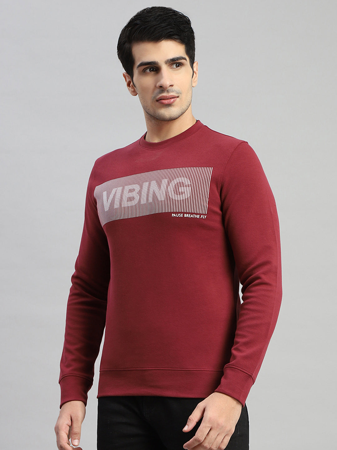 Rock.it Men Maroon Printed Round Neck Full Sleeve Sweatshirt