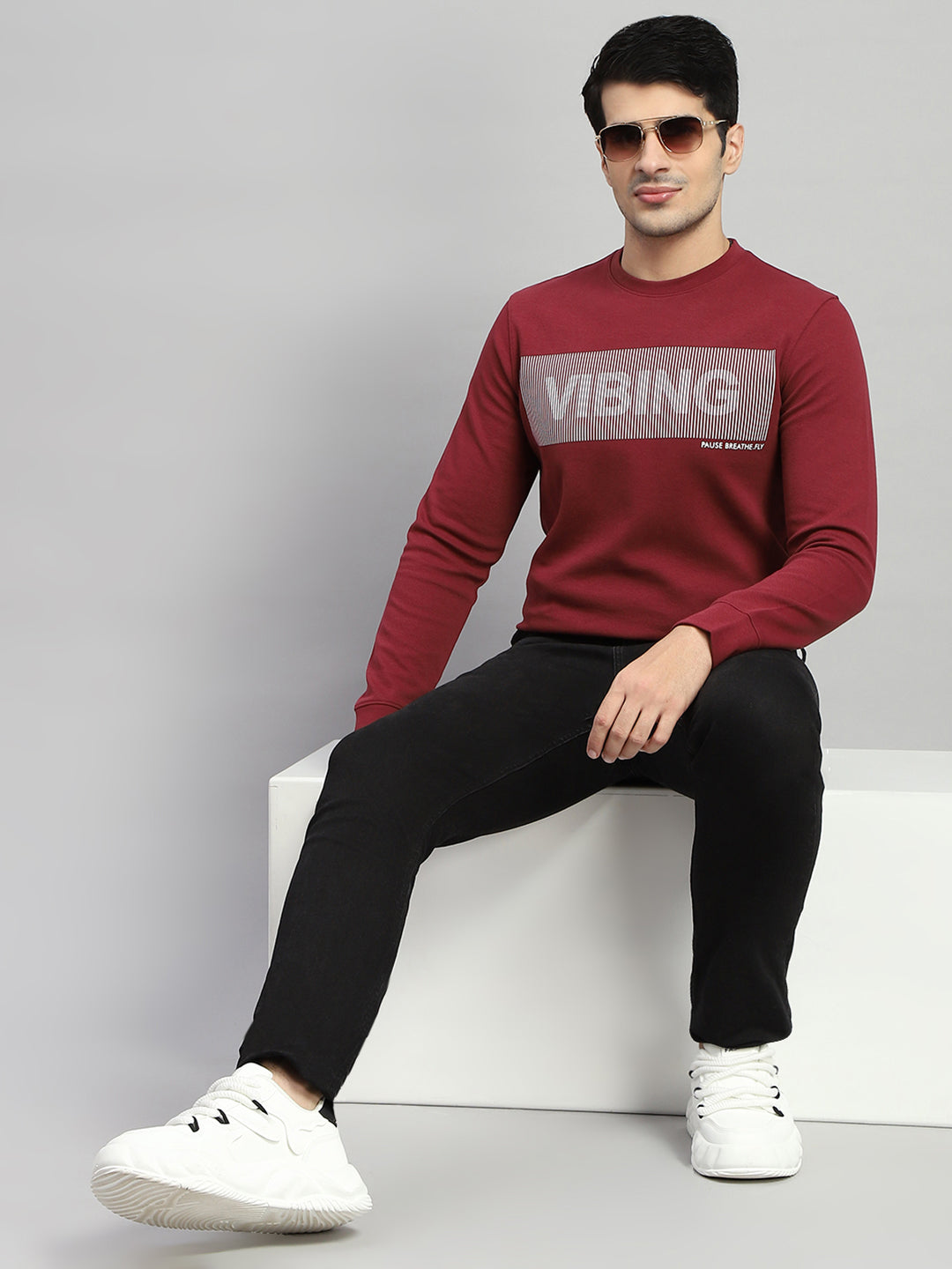 Rock.it Men Maroon Printed Round Neck Full Sleeve Sweatshirt