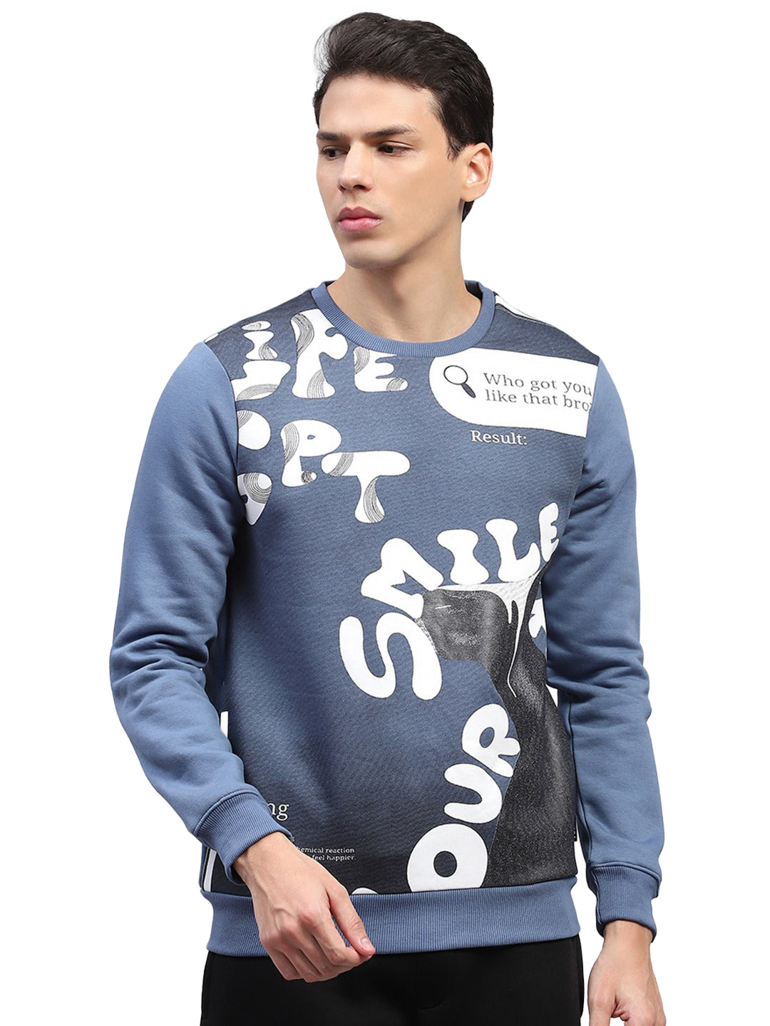Rock.it Men Blue Printed Round Neck Full Sleeve Sweatshirt