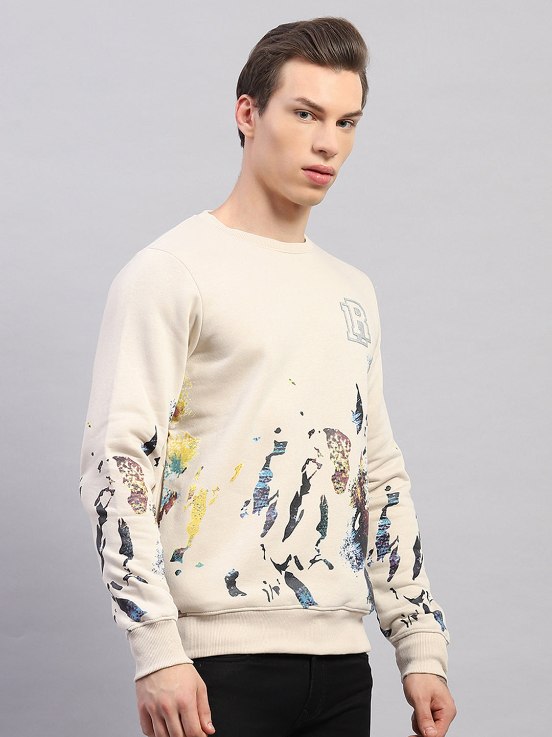 Rock.it Men Beige Printed Round Neck Full Sleeve Sweatshirt