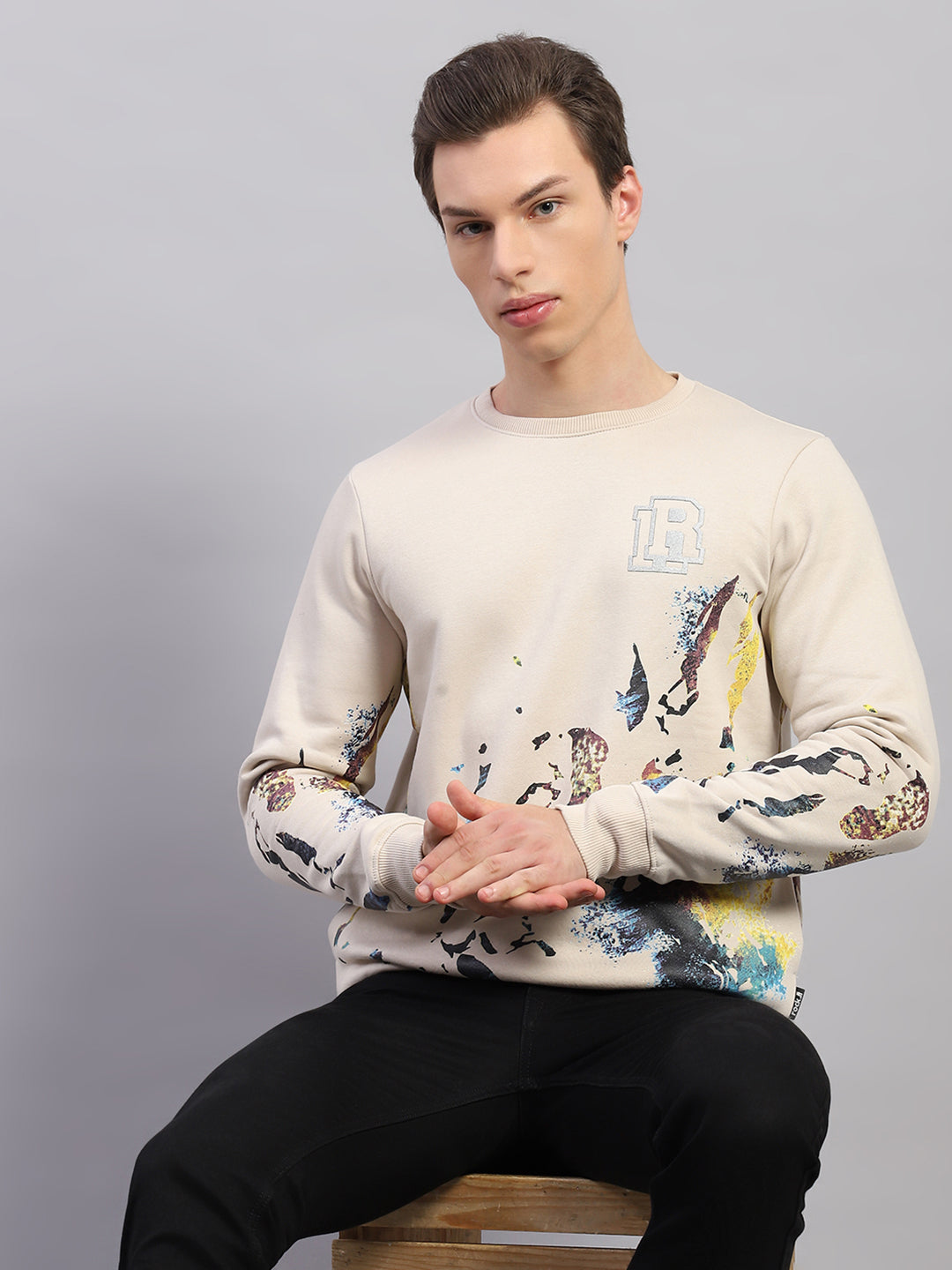 Rock.it Men Beige Printed Round Neck Full Sleeve Sweatshirt