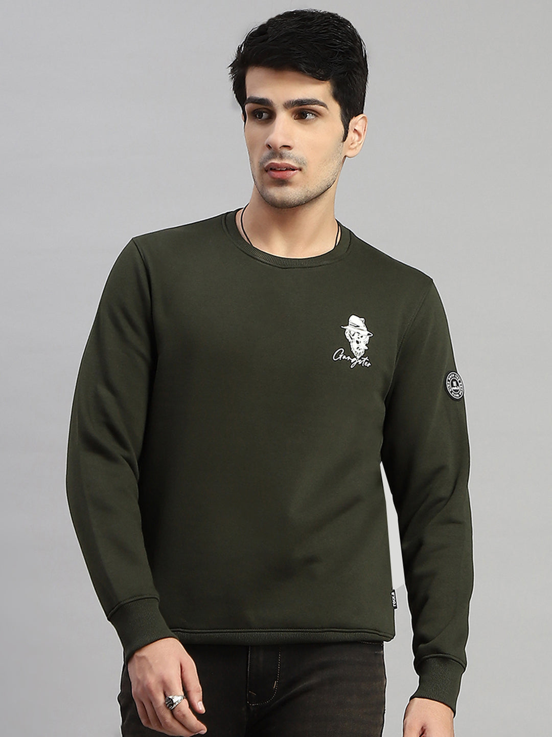 Rock.it Men Olive Printed Round Neck Full Sleeve Sweatshirt