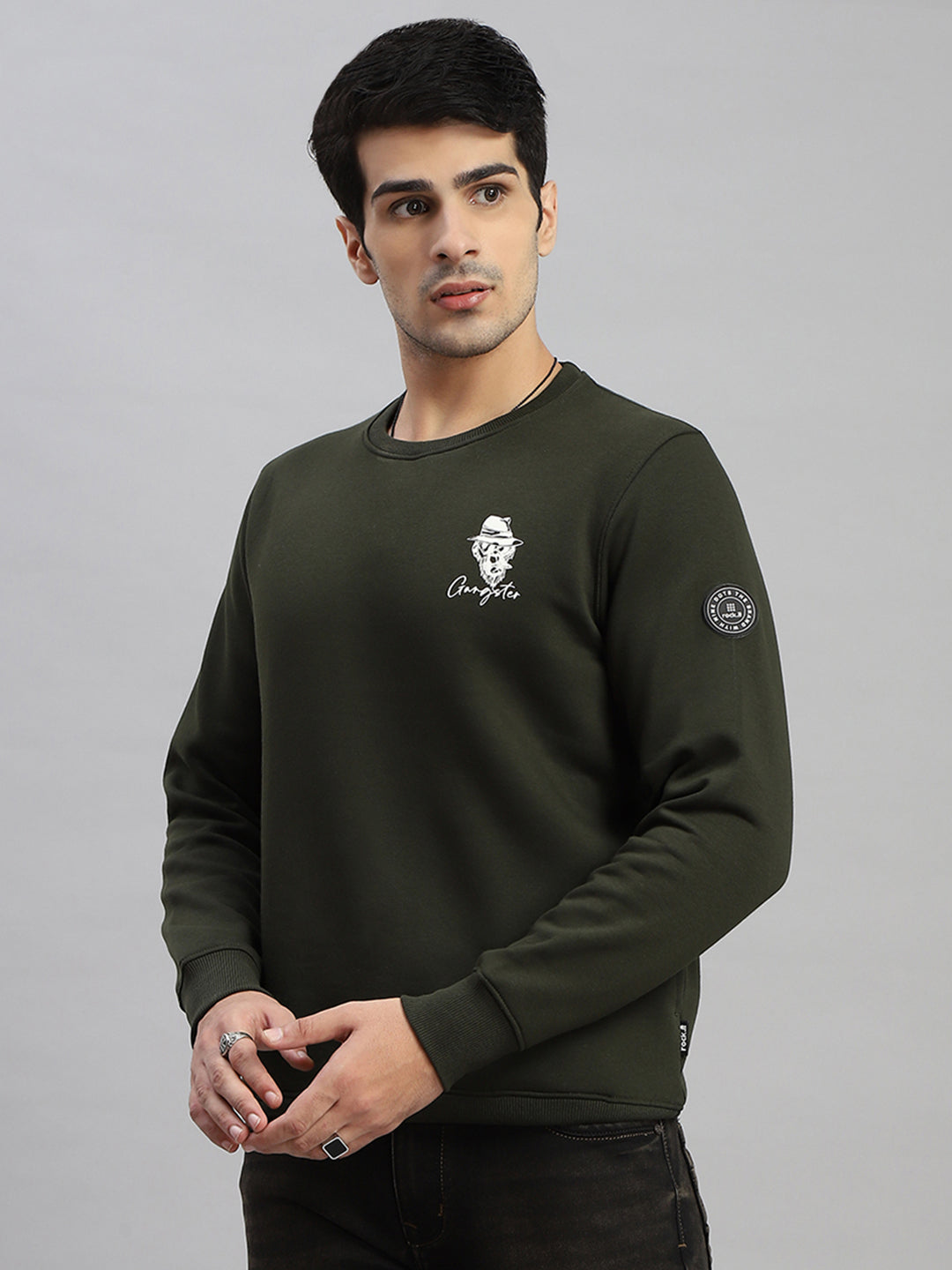 Rock.it Men Olive Printed Round Neck Full Sleeve Sweatshirt