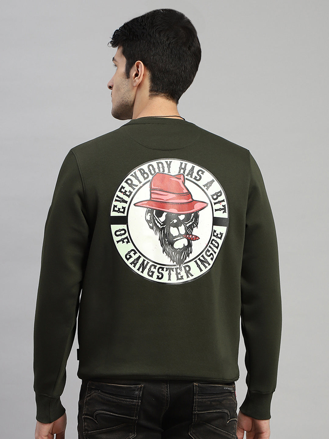 Rock.it Men Olive Printed Round Neck Full Sleeve Sweatshirt