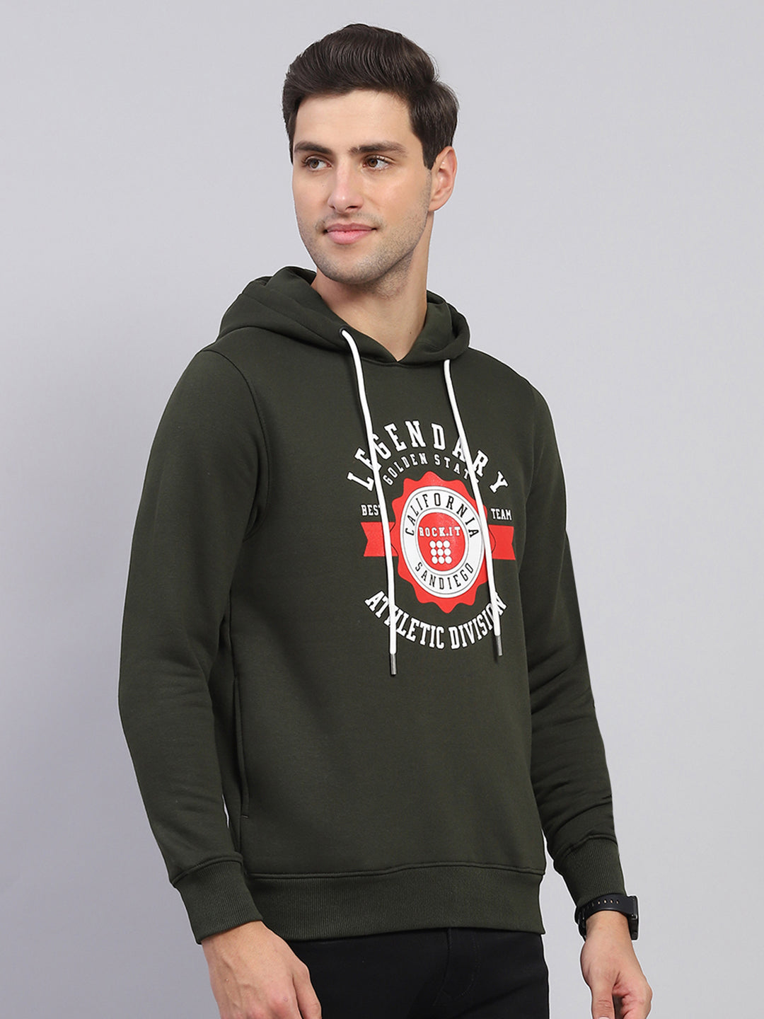Rock.it Men Olive Printed Hooded Full Sleeve Sweatshirt