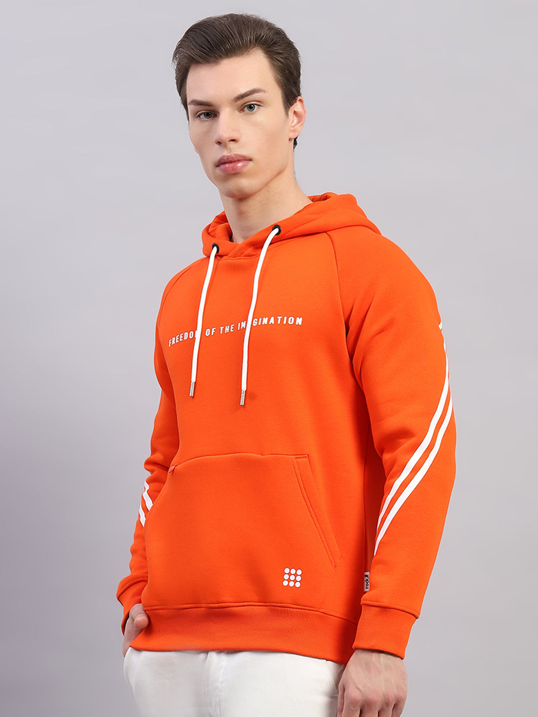 Rock.it Men Orange Printed Hooded Full Sleeve Sweatshirt