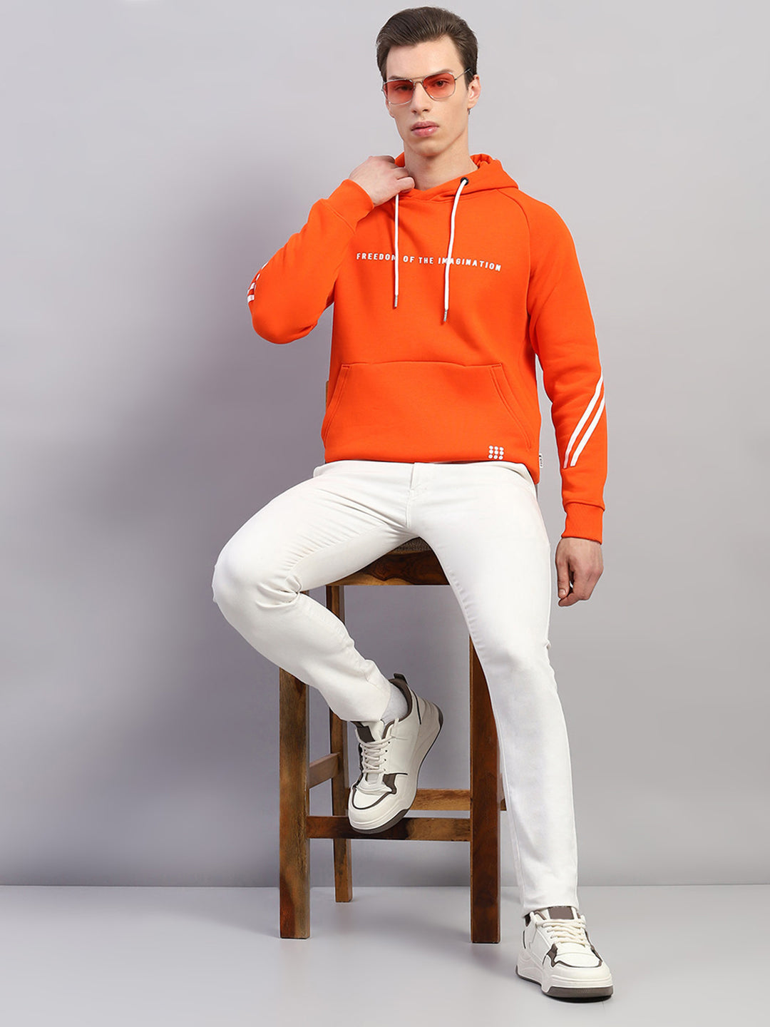 Rock.it Men Orange Printed Hooded Full Sleeve Sweatshirt