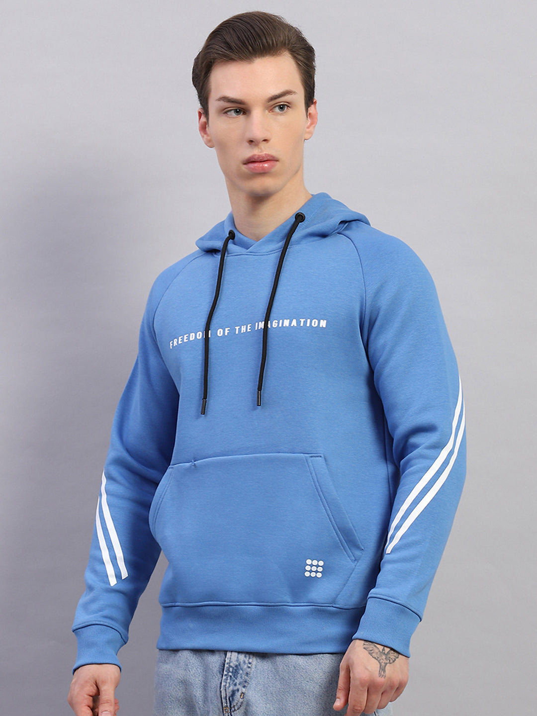 Rock.it Men Blue Printed Hooded Full Sleeve Sweatshirt