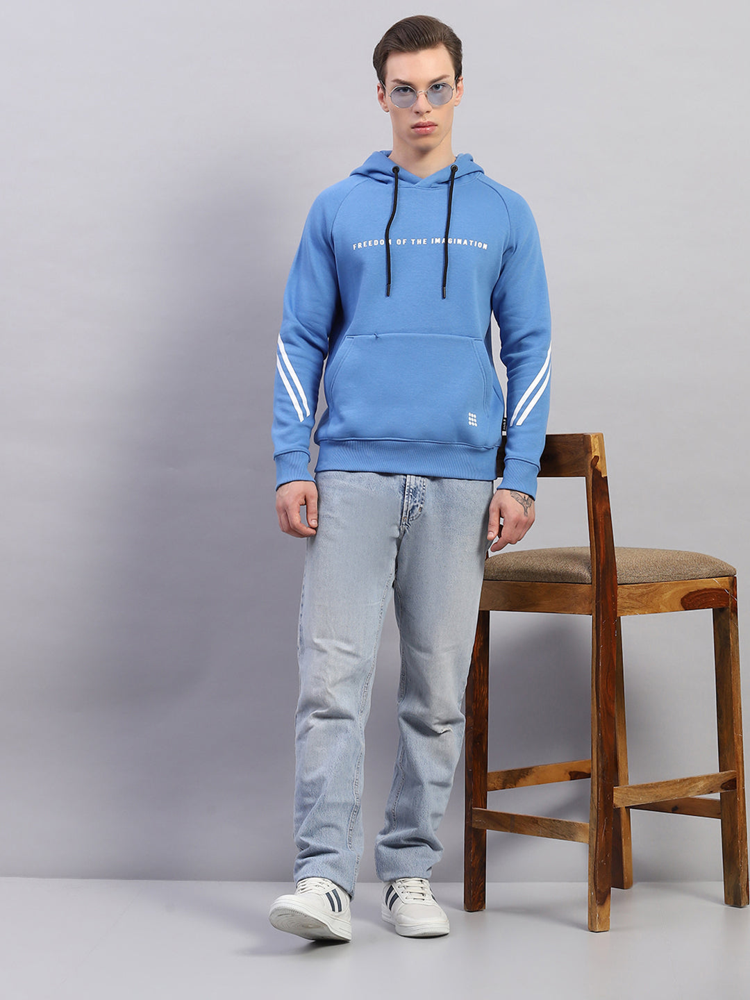 Rock.it Men Blue Printed Hooded Full Sleeve Sweatshirt