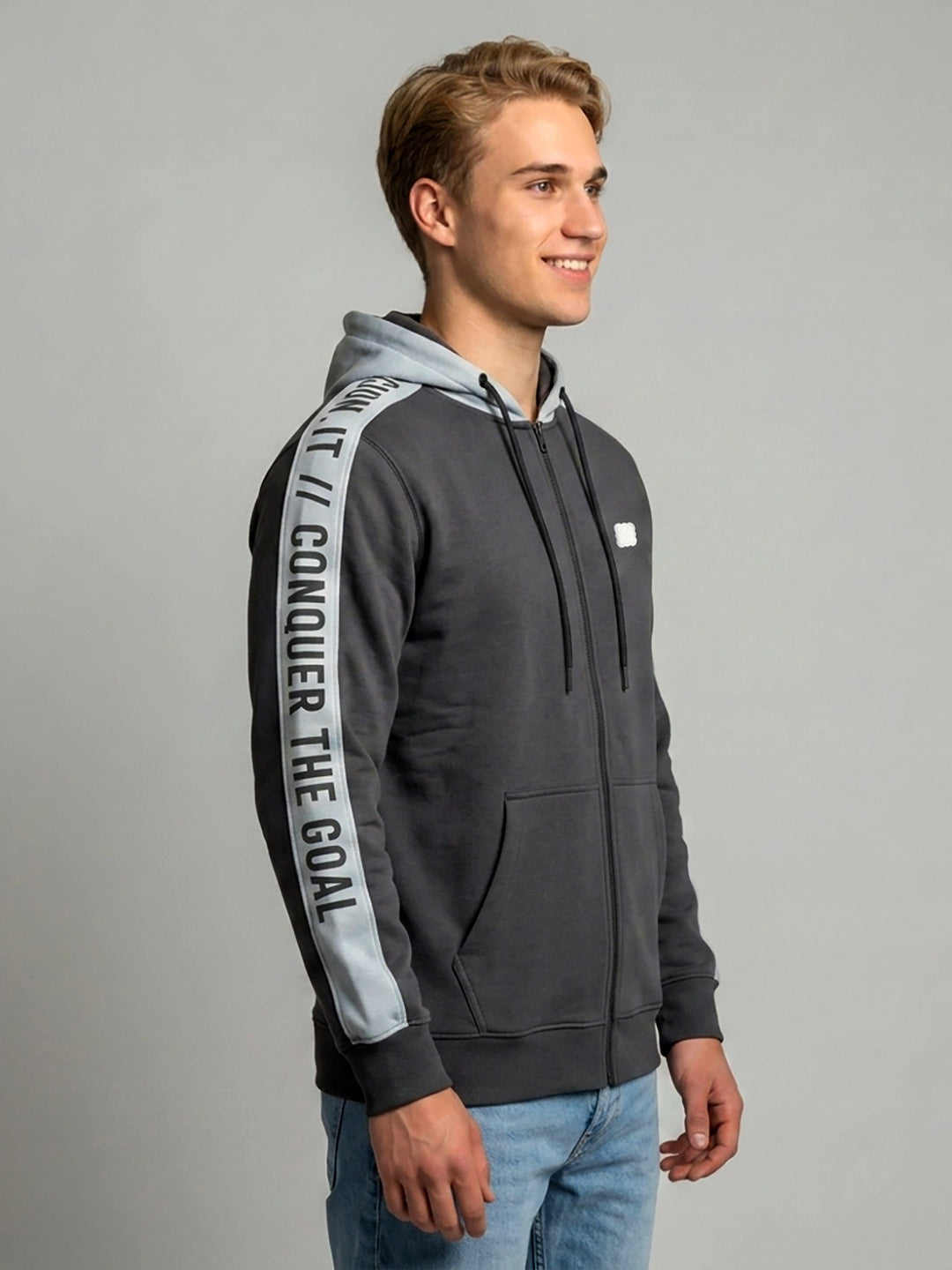 Rock.it Men Charcoal Solid Hooded Full Sleeve Sweatshirt