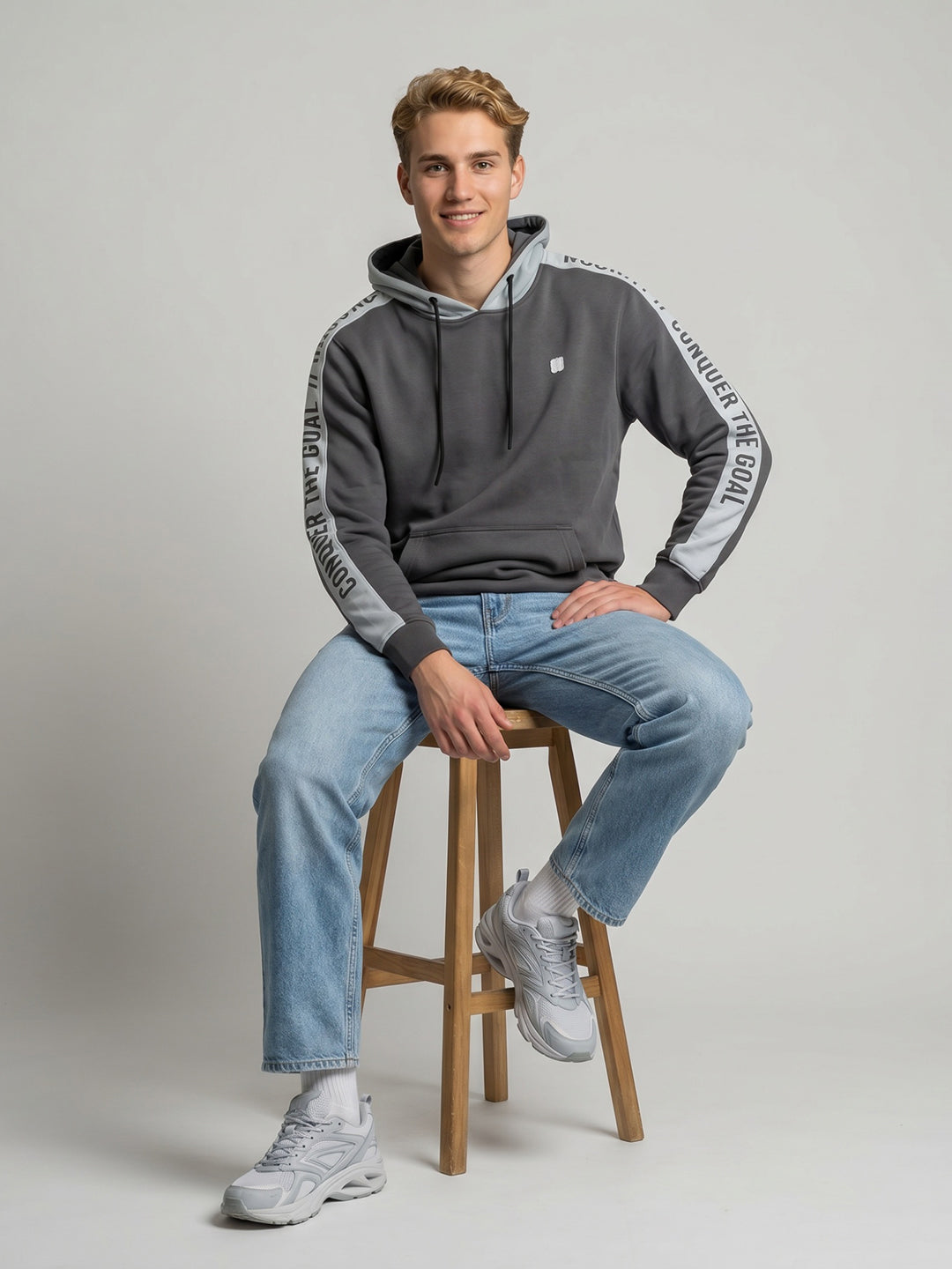 Rock.it Men Charcoal Solid Hooded Full Sleeve Sweatshirt