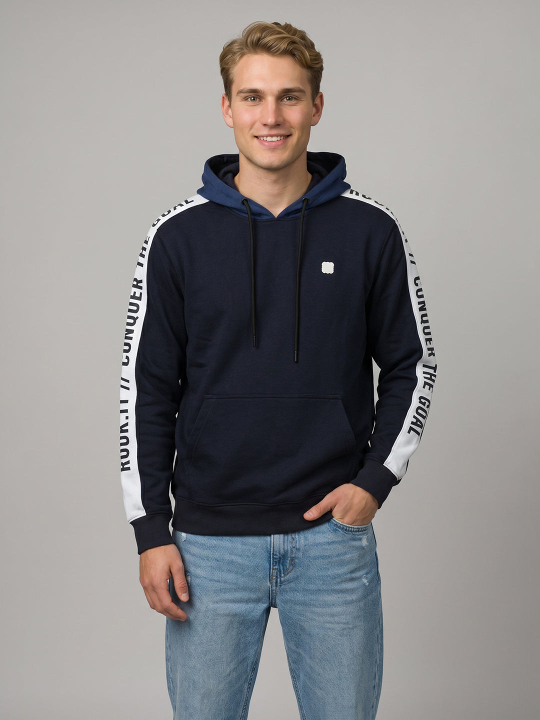 Rock.it Men Navy Blue Solid Hooded Full Sleeve Sweatshirt