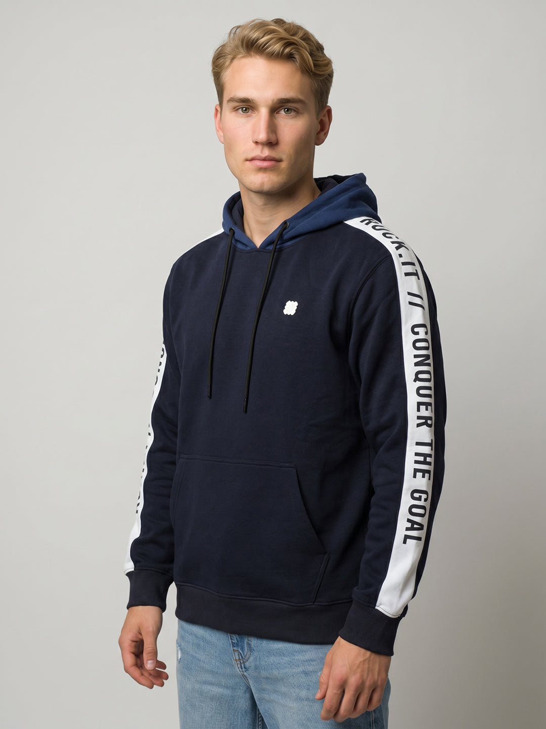 Rock.it Men Navy Blue Solid Hooded Full Sleeve Sweatshirt