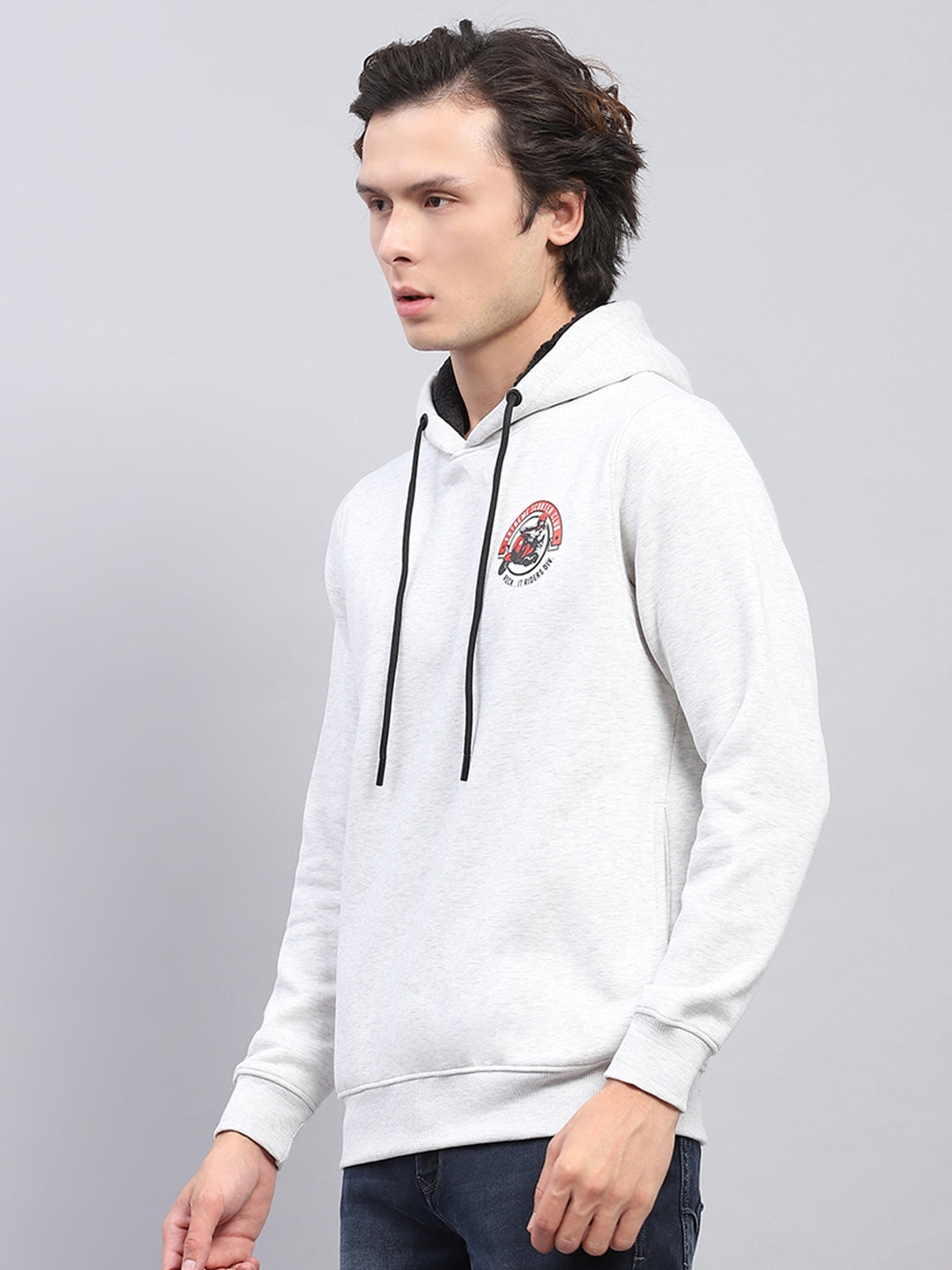 Rock.it Men Grey Printed Hooded Full Sleeve Sweatshirt