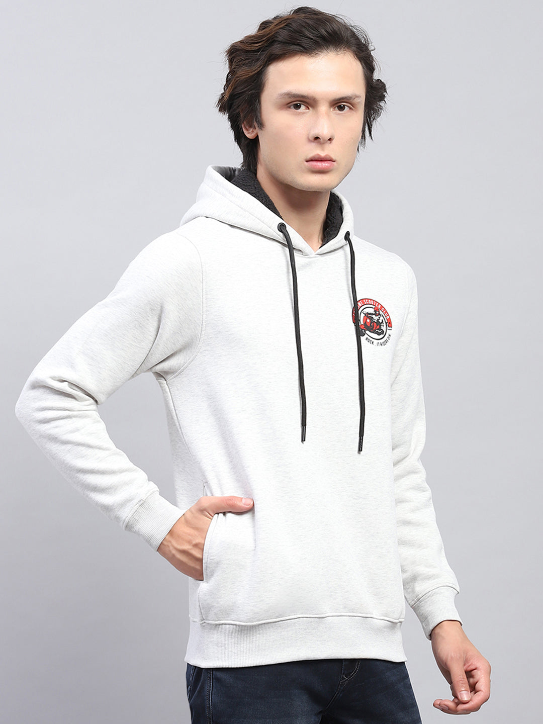Rock.it Men Grey Printed Hooded Full Sleeve Sweatshirt