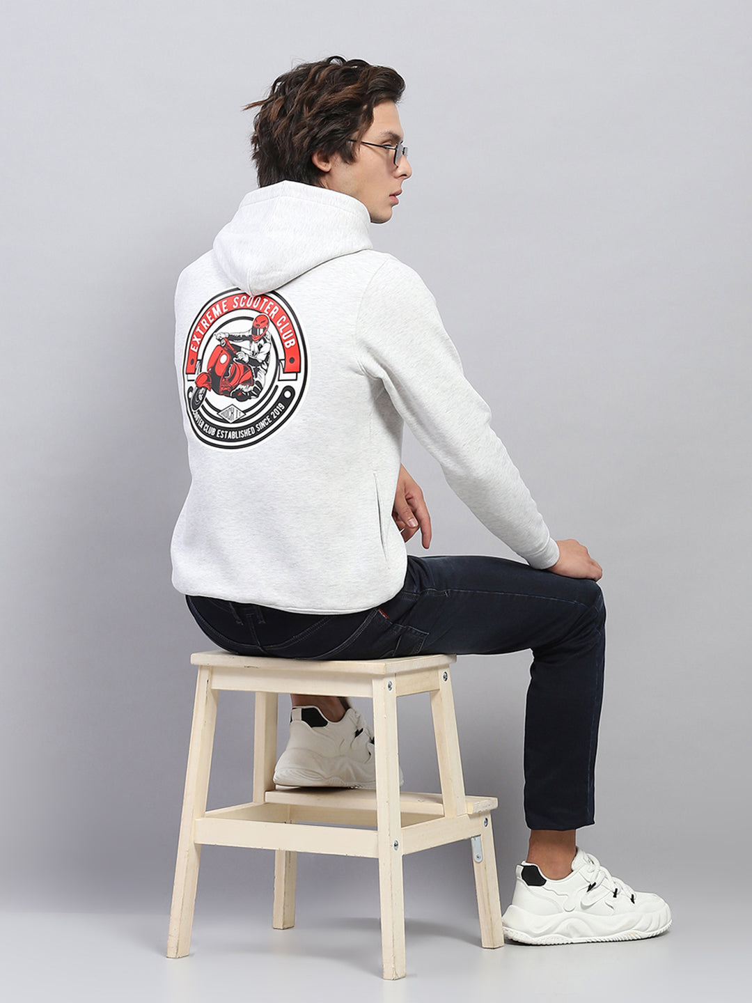 Rock.it Men Grey Printed Hooded Full Sleeve Sweatshirt