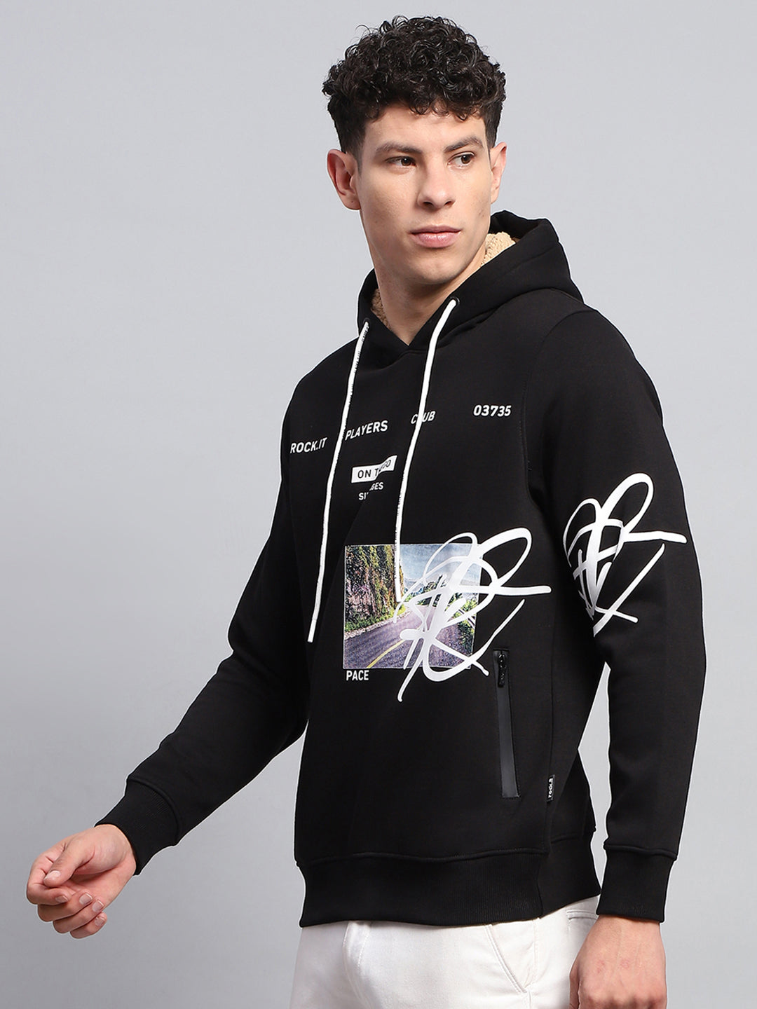Rock.it Men Black Printed Hooded Full Sleeve Sweatshirt