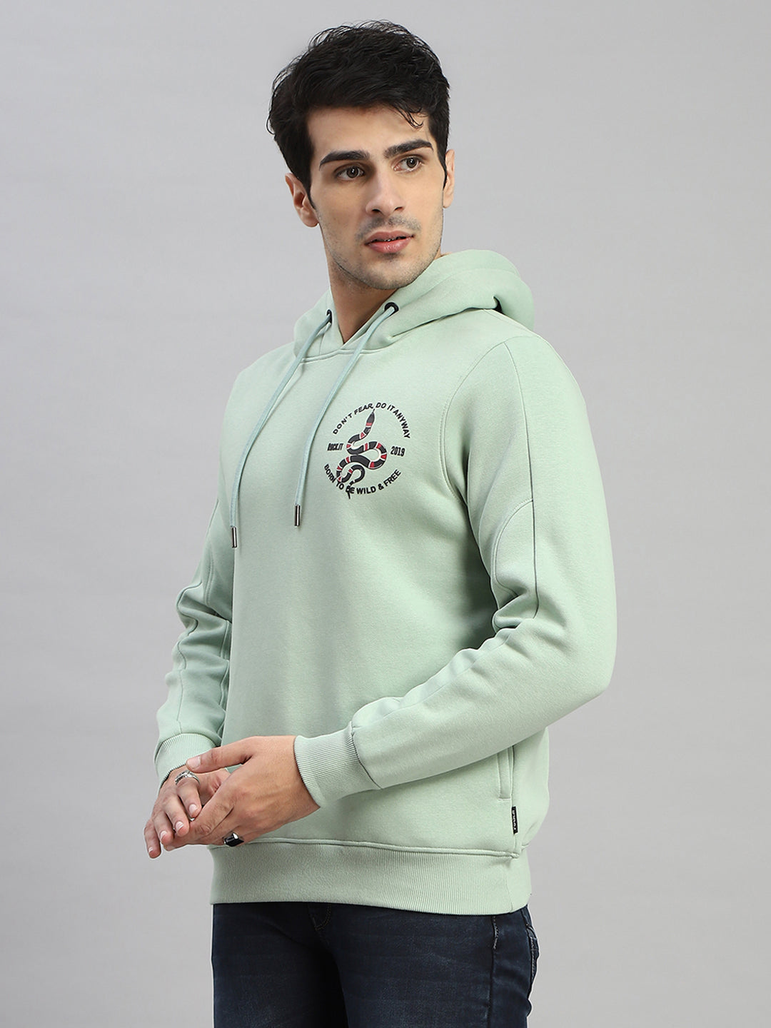Rock.it Men Green Printed Hooded Full Sleeve Sweatshirt
