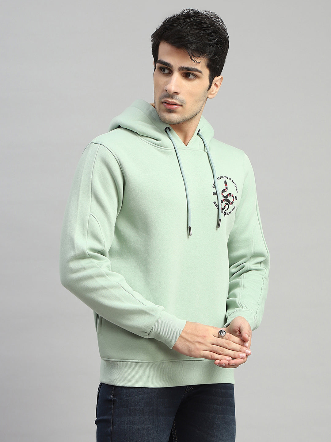 Rock.it Men Green Printed Hooded Full Sleeve Sweatshirt