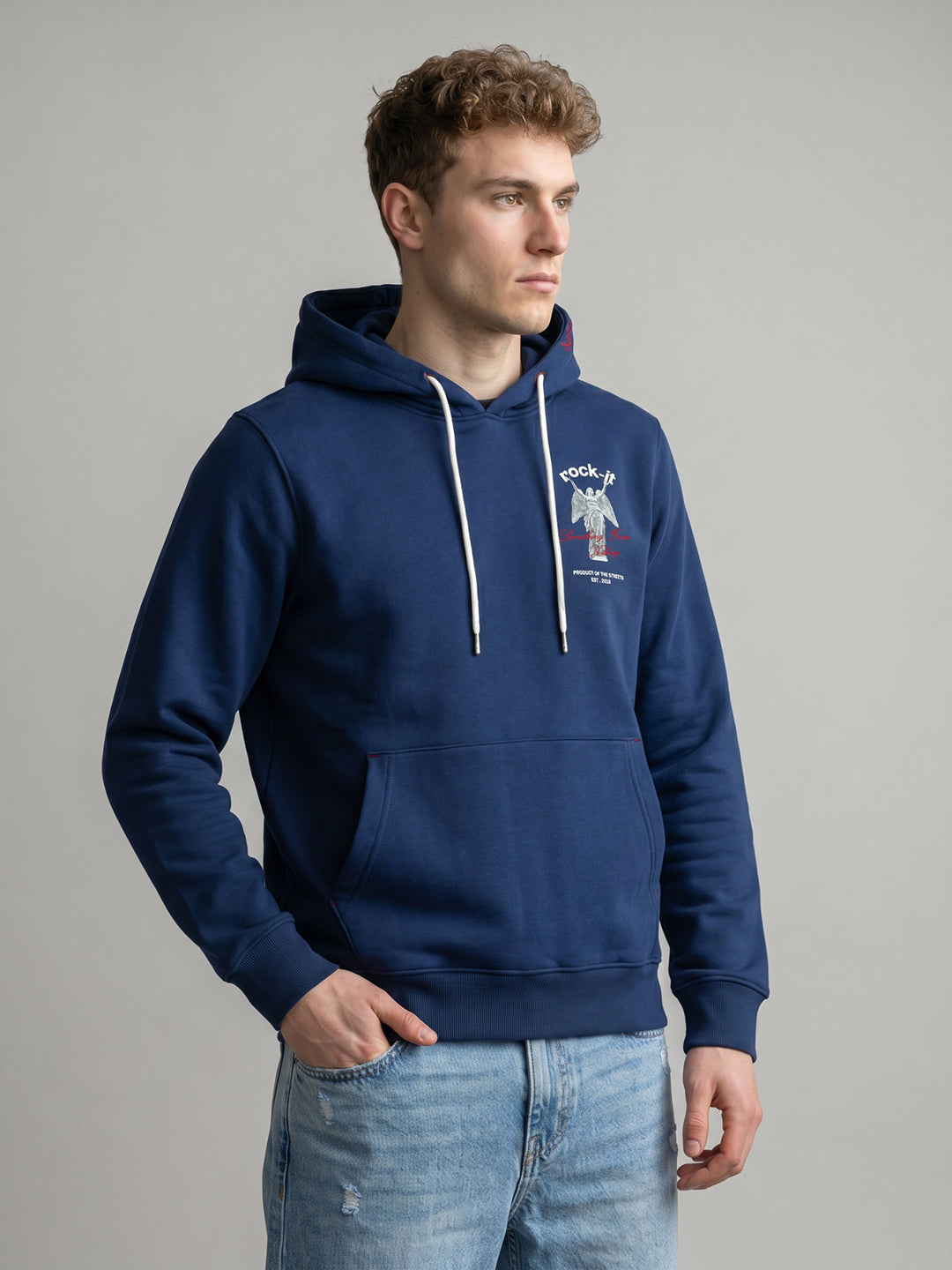 Rock.it Men Blue Back Printed Hooded Full Sleeve Sweatshirt