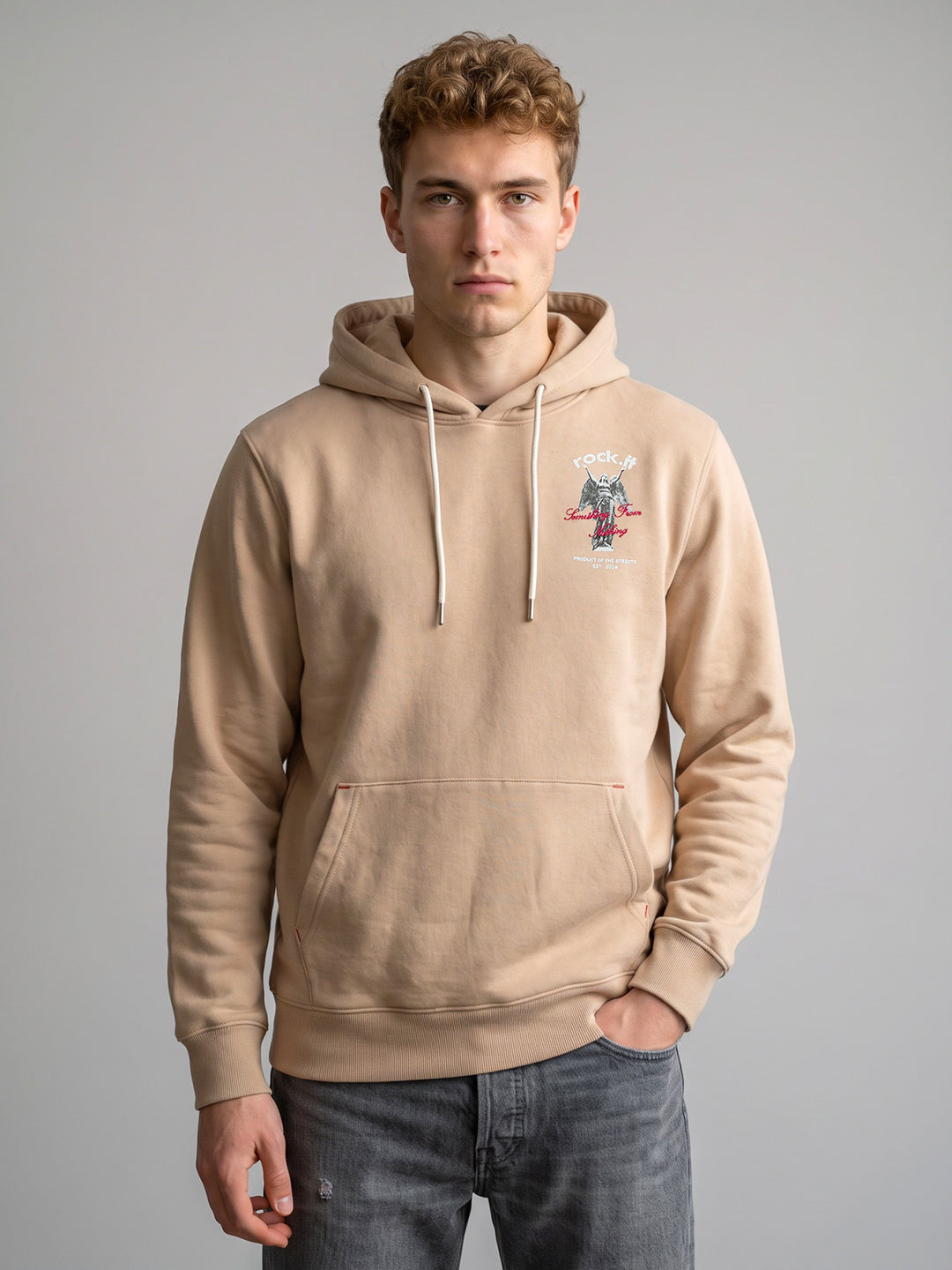 Rock.it Men Beige Back Printed Hooded Full Sleeve Sweatshirt