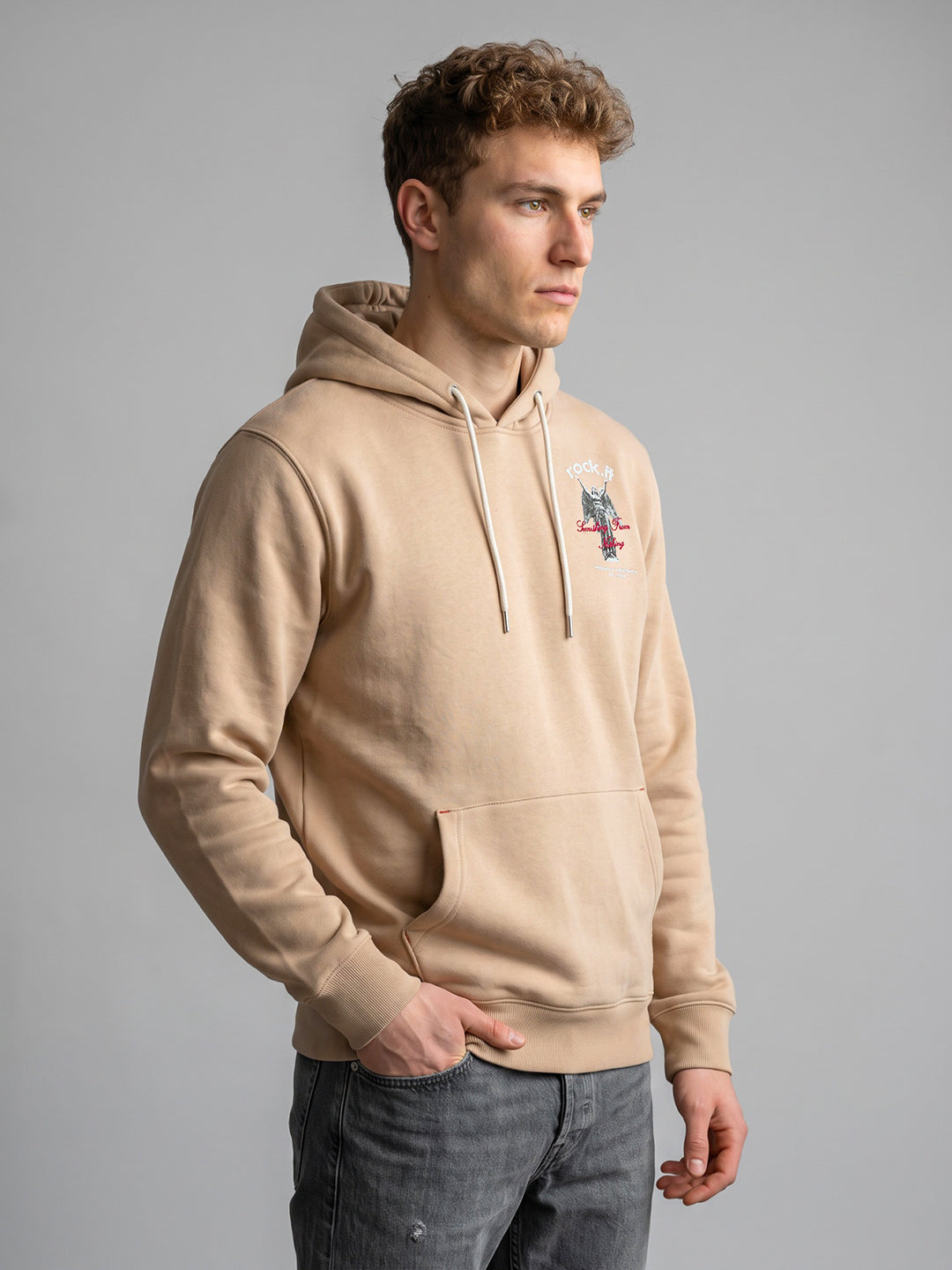 Rock.it Men Beige Back Printed Hooded Full Sleeve Sweatshirt
