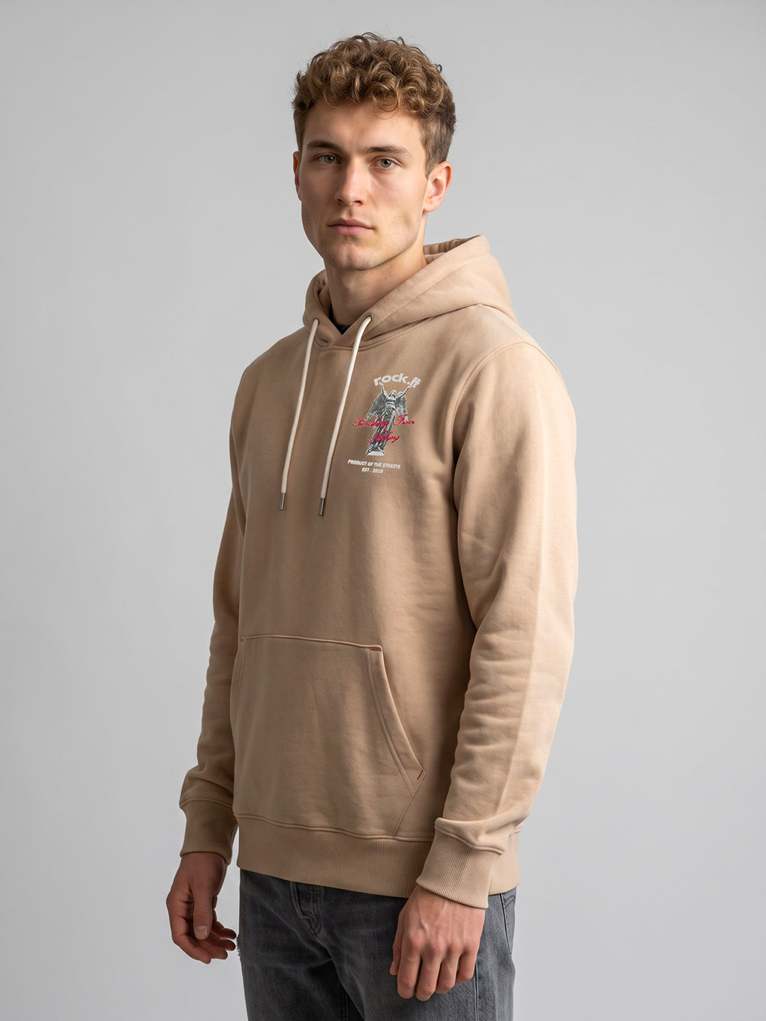 Rock.it Men Beige Back Printed Hooded Full Sleeve Sweatshirt