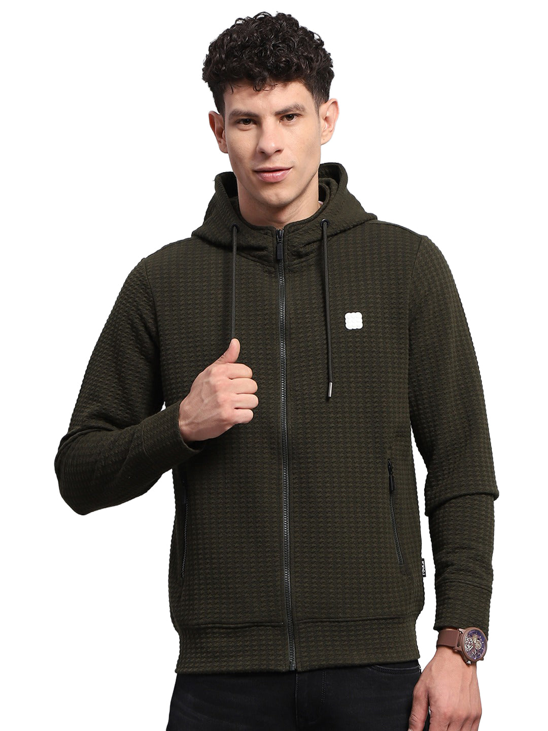 Rock.it Men Olive Self Design Hooded Full Sleeve Sweatshirt