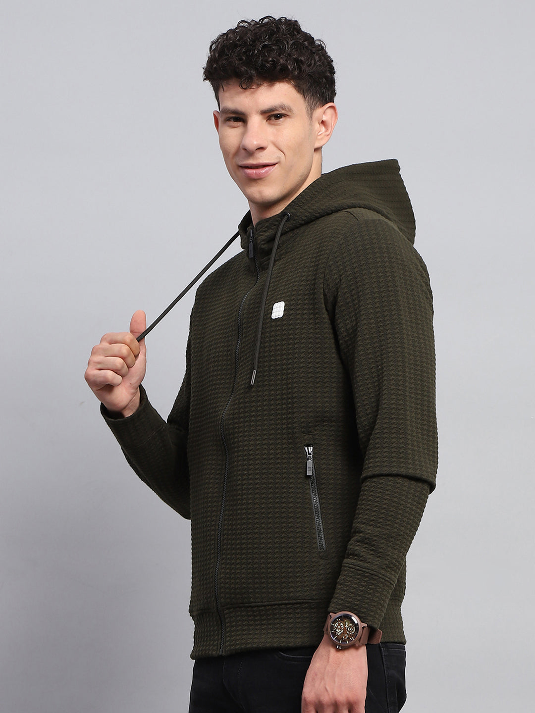 Rock.it Men Olive Self Design Hooded Full Sleeve Sweatshirt