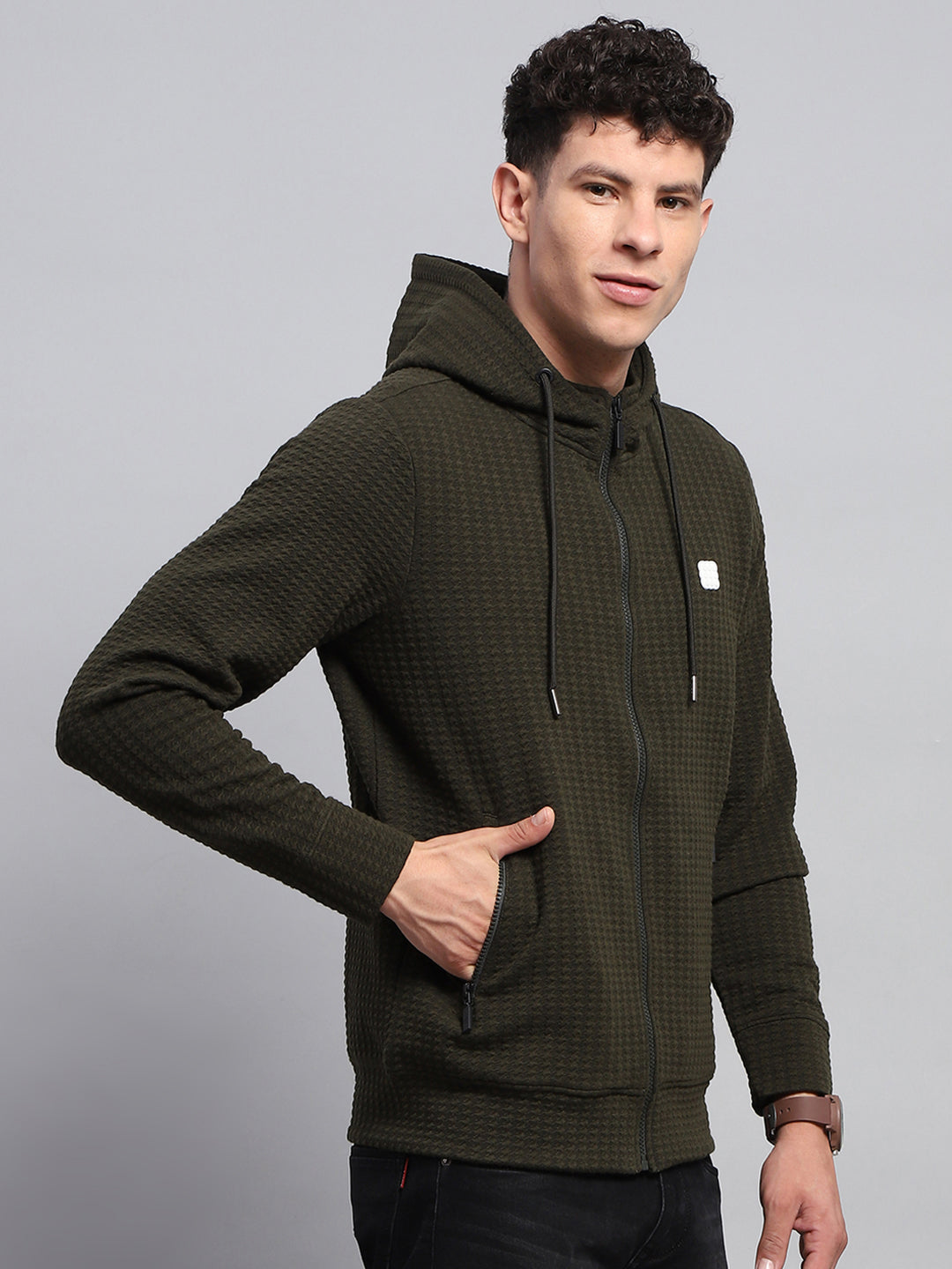 Rock.it Men Olive Self Design Hooded Full Sleeve Sweatshirt